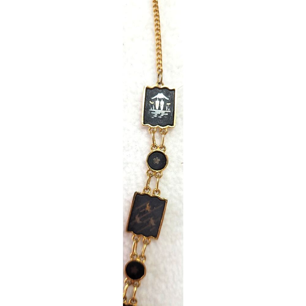 Vintage Damascene Folding Fan Necklace Gold Tone Black Amita Style Shakudo - Picture 5 of 9